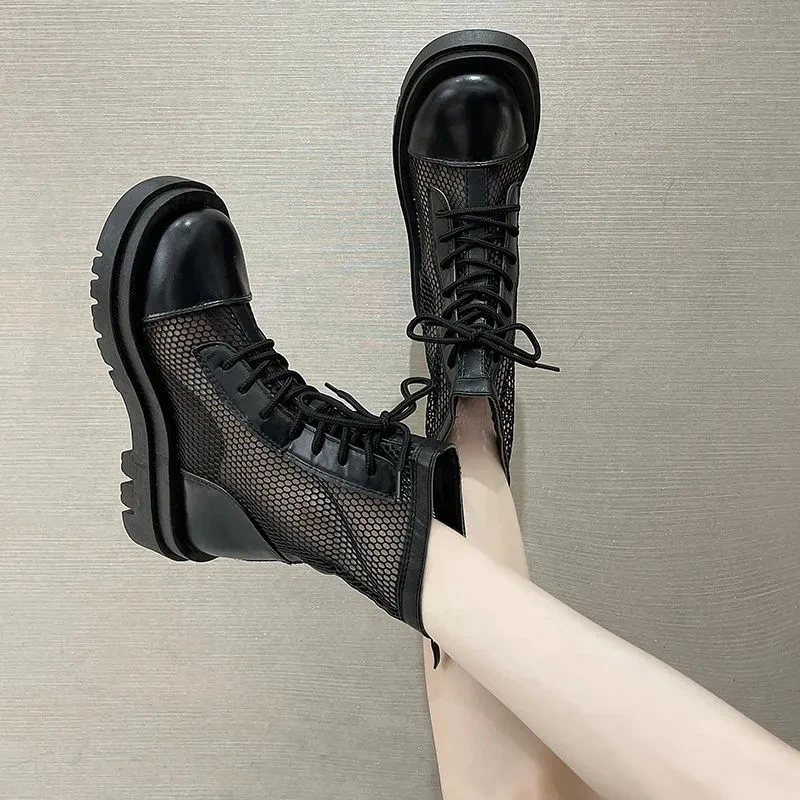 

Mesh Ankle Boots for Women Fashion Zip Lace Up Casual Shoes Gothic Woman Flat Platform Cool Boot 2023 Summer Breathable