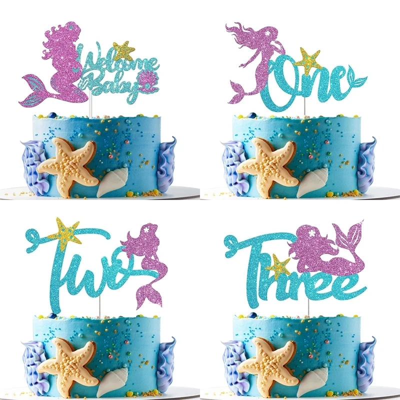 Mermaid Party Cake Topper Glitter Little Mermaid Number Cake Decoration For Kids 1 2 3 Anni Birthday Party Decor Baby Shower