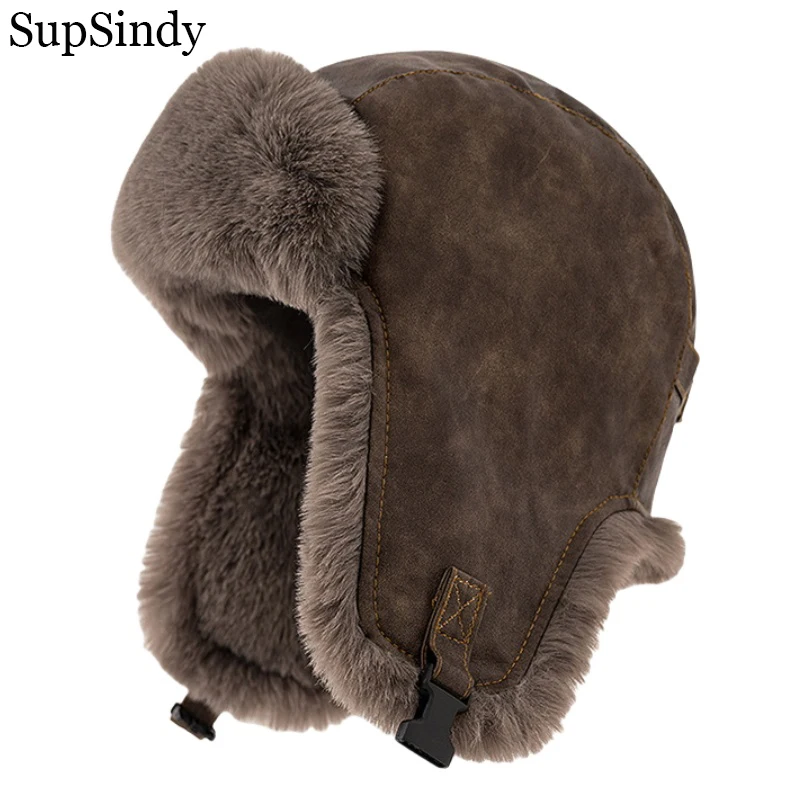 Winter Hat Earflap Hat Faux Fur Hat SupSindy Men Winter Bomber Hat Outdoor Motorcycle Windproof Thicken Warm Faux Fur Pilot Earflap Hat Leather Thermal Ushanka