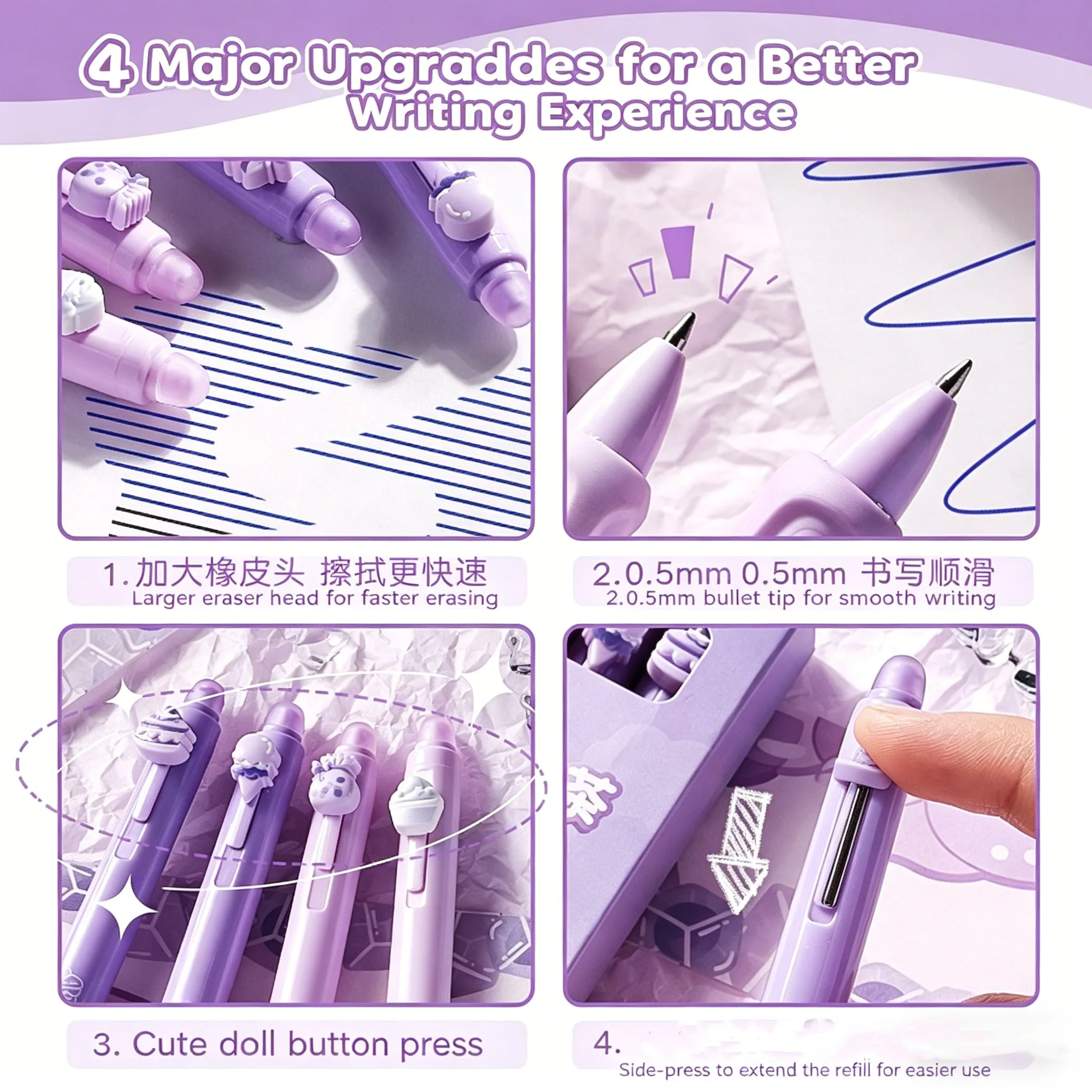 Penne Gel Cancellabili Sweet Afternoon Tea, 4 Pezzi, Viola, Carine, a Scatto, 0.5mm, Impugnatura Ergonomica, Inchiostro Nero, per Studenti - immagine 3