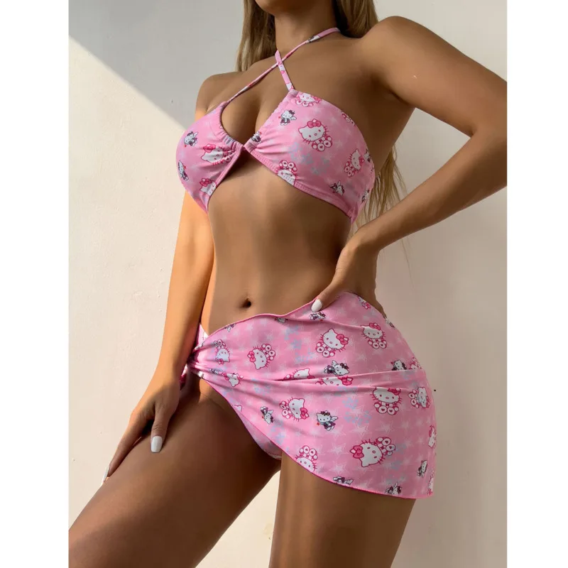 Hello Kitty Bikini Swimsuit Women's 2024 Summer Europe America Gather Sexy Hot Springs Beach Split Vacation Strap Swimsuit Sets