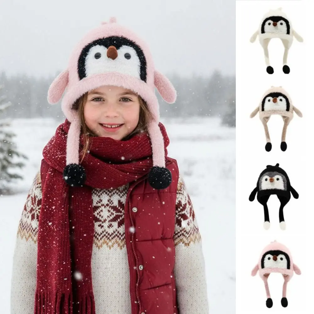 Cute Children's Warm Hat Windproof Thickened Warmth Cartoon Penguin Balaclava Hat Pom Pom Ends Breathable Ear Protection Cap