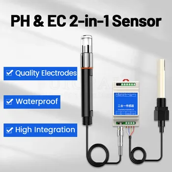 Din 레일 타입 PH EC 플라스틱 전극 프로브 감지기, RS485 2-in-1 센서, 농업 양식업용 산업 하수 모니터