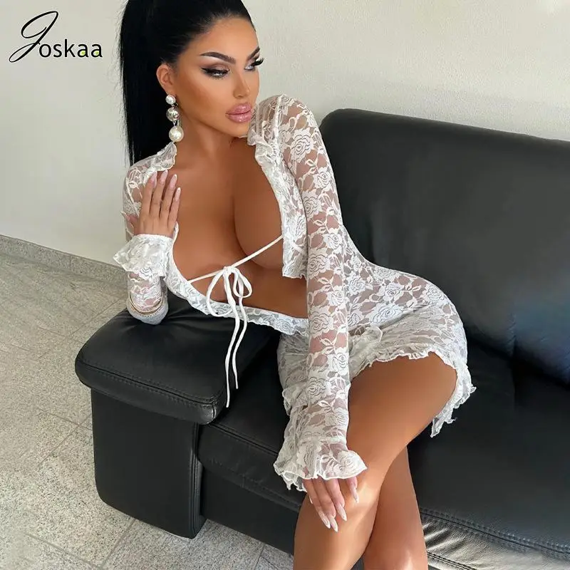 

Joskaa Lace Jacquard Deep V-Neck Tie Up Long Sleeve Ruffles Bodycon Mini Dress Women 2024 Spring Sexy Vestidos Party Dresses