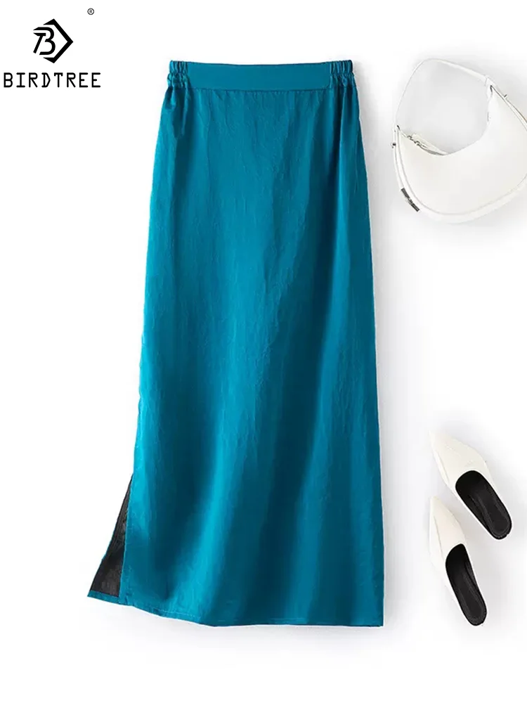 

BirdTree, Watered Gauze Real Silk Elegant Skirt, Women Elastic Waist Solid, OL Retro Commute Skirt, 2024 Summer New B45492QM