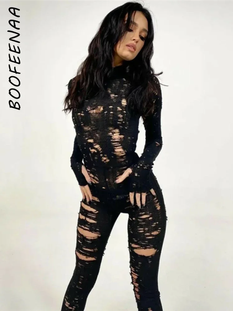 

BOOFEENAA Distressed Sweater Jumpsuit Women Sexy Hollow Knit Black Baddie Outfits for Woman 2023 Fall Winter Clubwear C87-EH36