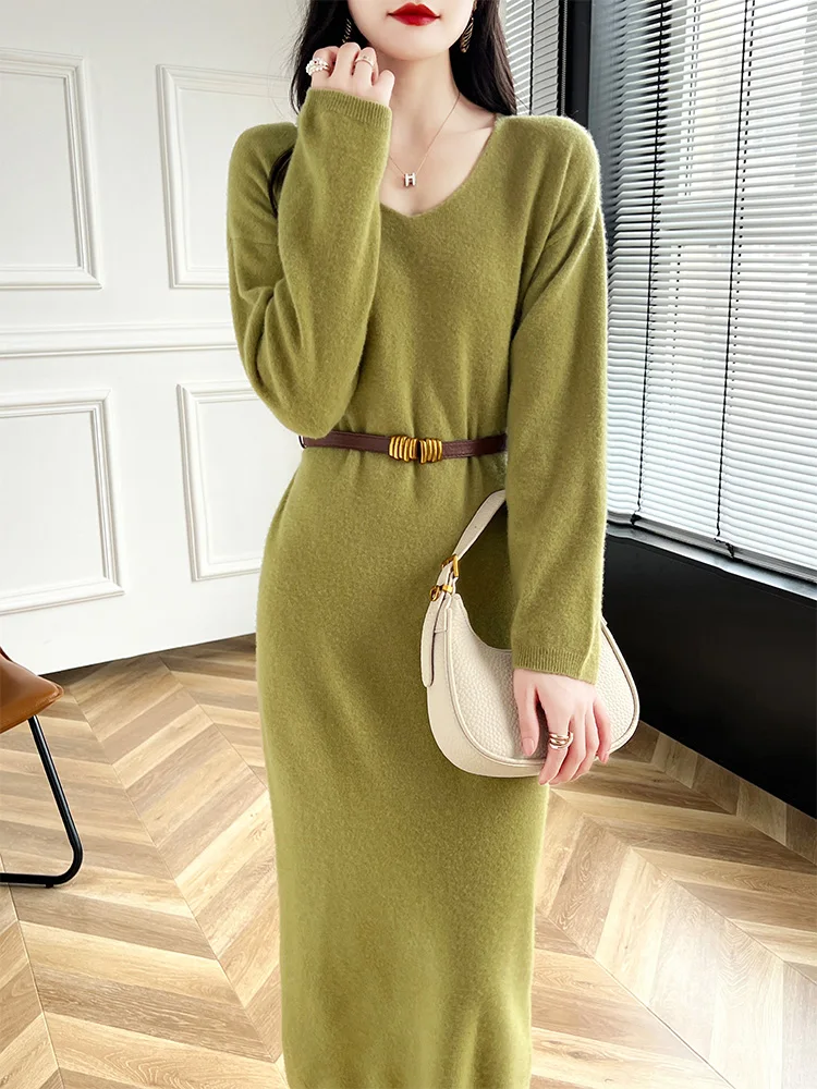 Girls Dress Women Sweater Dress V-Neck Pullover Long Dress Merino Wool Cashmere Knitwear