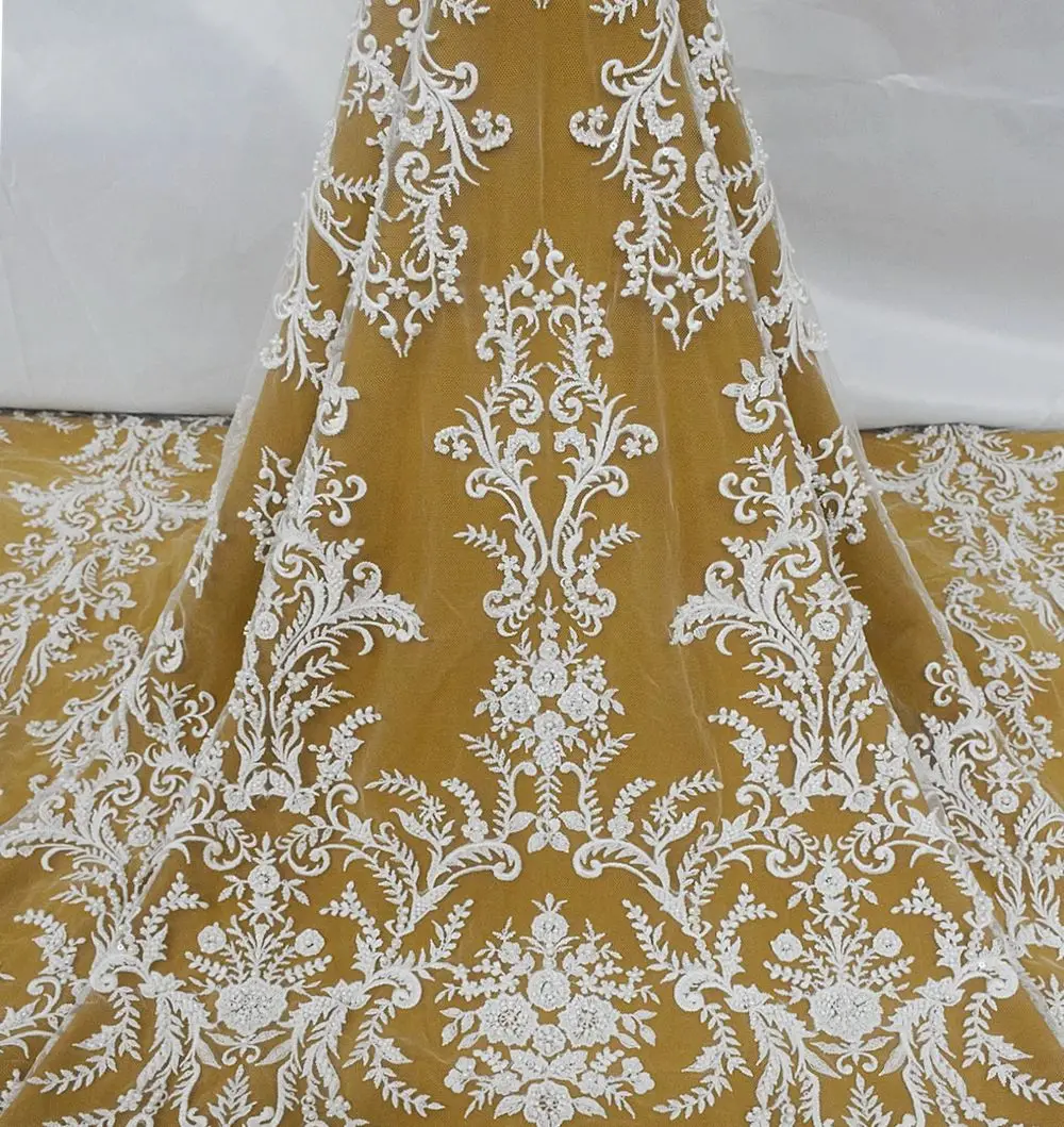 

Кружевная ткань для свадебного платья, тюль высокого качества с вышивкой из белого жемчуга и бусинами, 2023 сетка hyправила