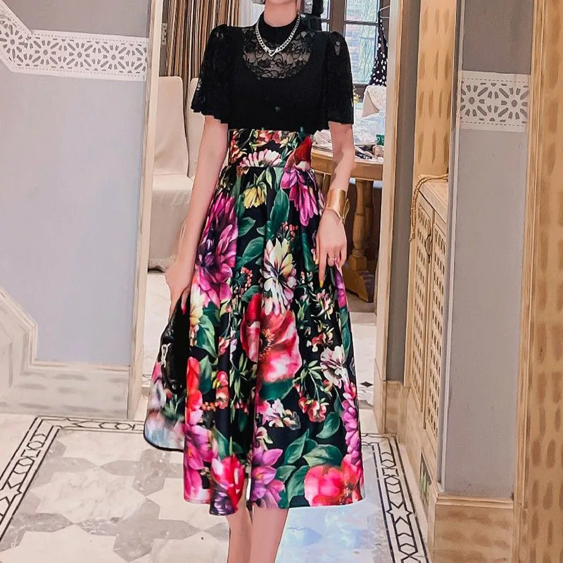 Chinese Style Vintage Floral High Waist Skirt Temperament Elegant Pleated Printing Mid-Calf Spring Summer New Style A-line Skirt 2022 early spring new flower headband sweet pleated fabric sponge headband temperament increase cranial head headdress