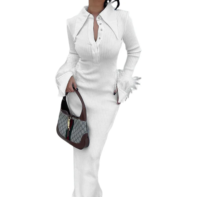 Autumn & Winter New Women's Fashion Polo Neck Feather Long Pit Stripe Dress Elegant & Beautiful Party Evening Dress