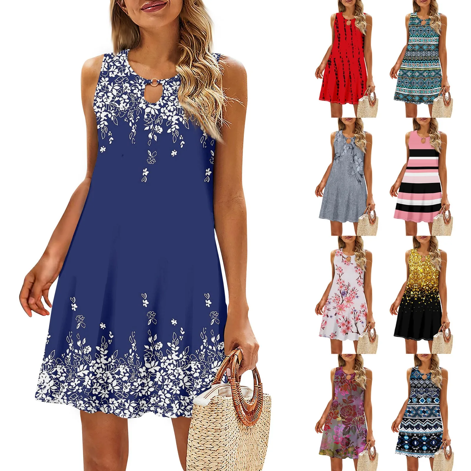 

Женское модное платье с цветочным принтом, лето 2024, Пляжное Повседневное платье без рукавов на бретелях, женское короткое платье на каждый день