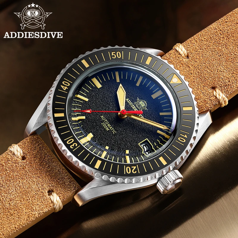 ADDIESDIVE AD2105 Men Watch Brown Leather Strap 200m Waterproof C3 Super Luminous NH35 Movement Automatic Mechanical Watch