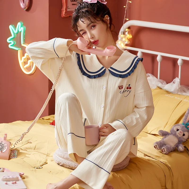 2022 new spring and autumn pajamas women's cotton lapel cardigan long sleeved trousers sweet and lovely home clothes