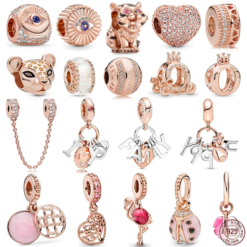 

Classic 925 Sterling Silver Sparkling Rose Gold Family Tree Charm Fit Bracelet Necklace Making DIY Women's Jewelry