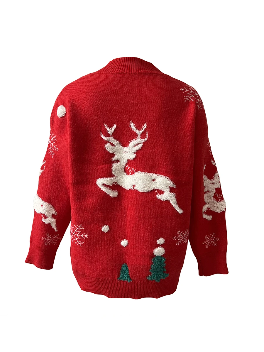 Women s Pullover Sweater with Reindeer and Snowflake Designs Cozy Mock Neck Knitwear for Winter Holidays Red Black Sizes S-XL