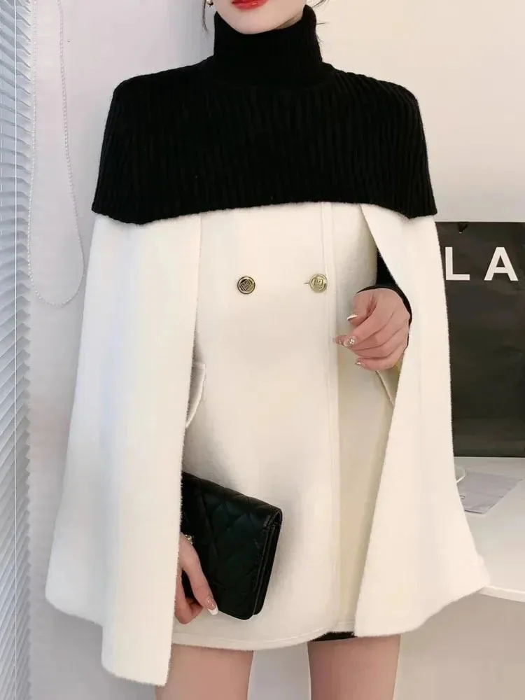 

NICEWOMEN Brown Woolen Coat Red Overcoat Thick Cloak Turtleneck Pullover Knit Double-faced Cashmere Coat Tops 2023 Autumn AH119