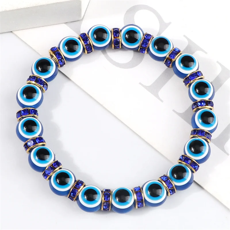 10mm Blue Evil Eye Charm Bracelet Turkish Lucky Multicolor Crystal Spacer Resins Beads Bracelets for Women Men Handmade Jewelry