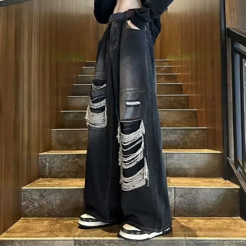 American High Street Style Retro Distressed Jeans Washed and Distressed Wide Leg Loose Leg Straight Leg Pants