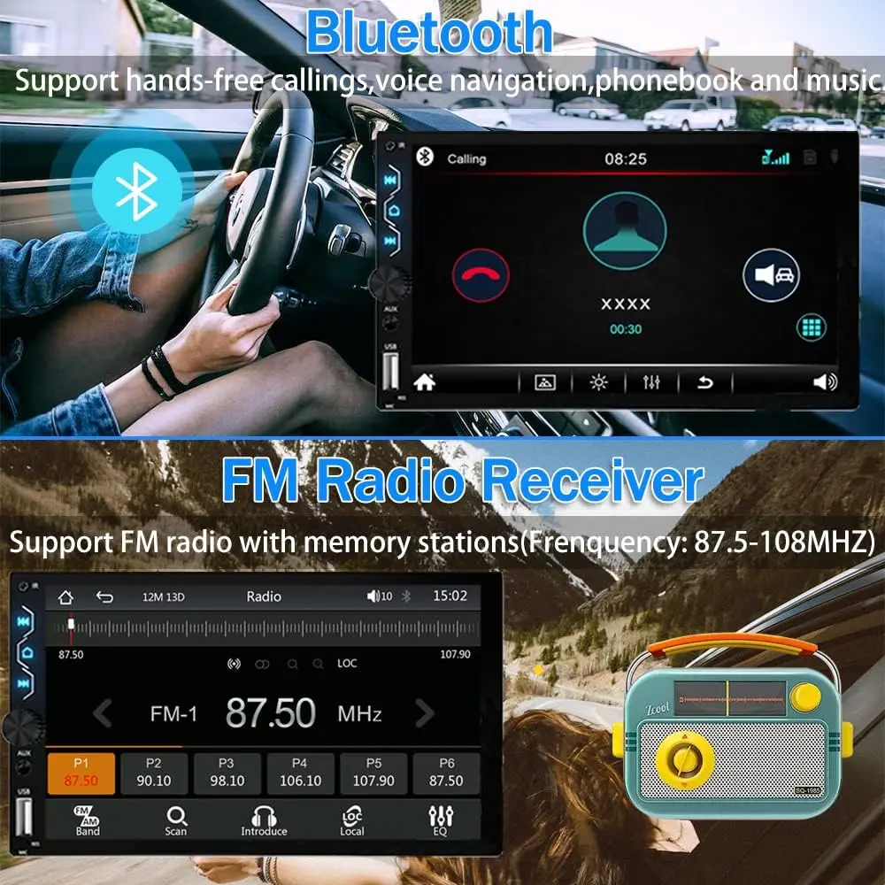 7 인치 무선 자동차 라디오 스테레오 2 Din HD 터치 스크린 Carplay 안드로이드 자동 자동차 비디오 플레이어 후면보기 카메라 블루투스 FM