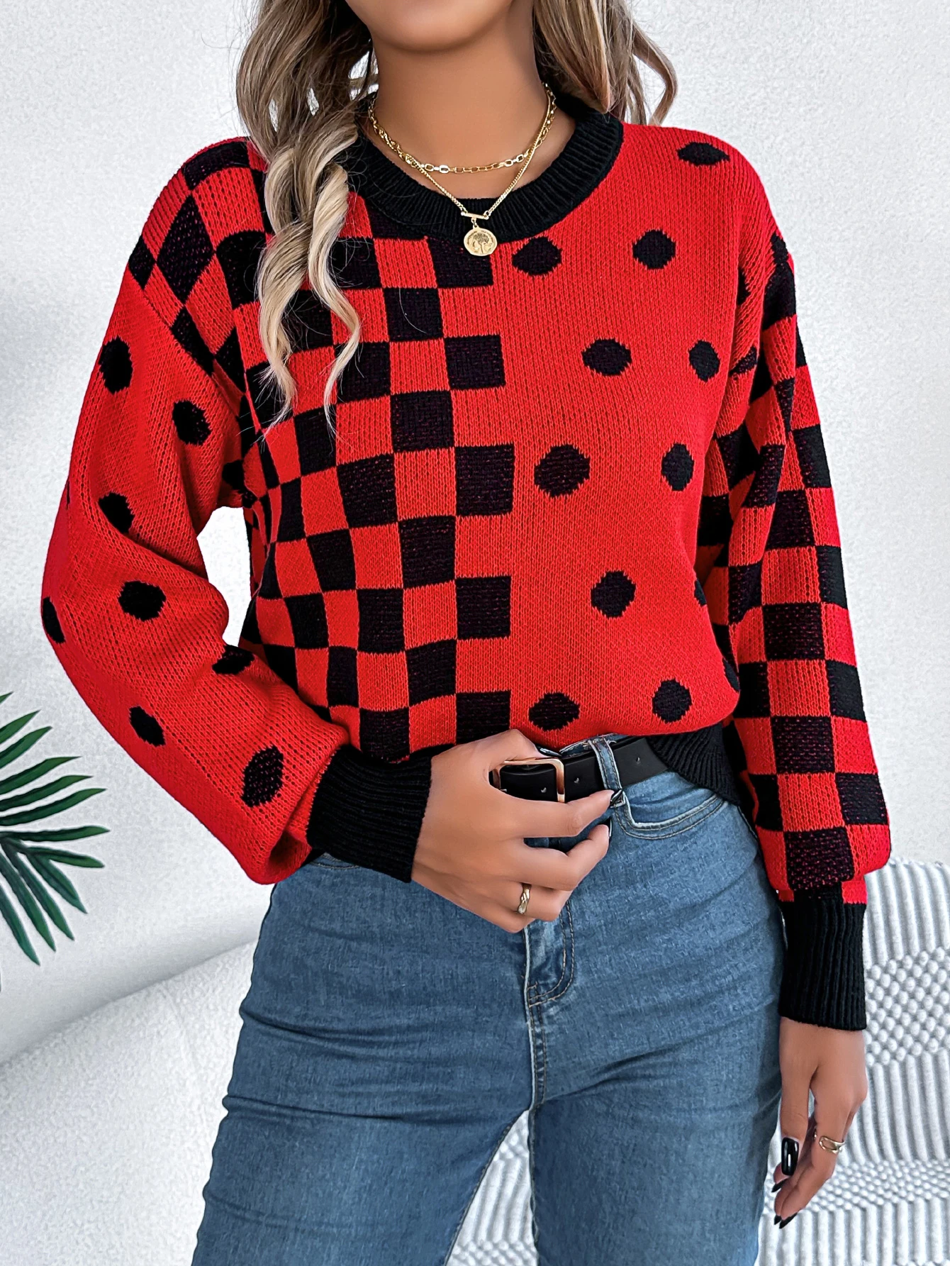 Autumn Winter Grid Dot Long Sleeved Pullover Sweater for Women