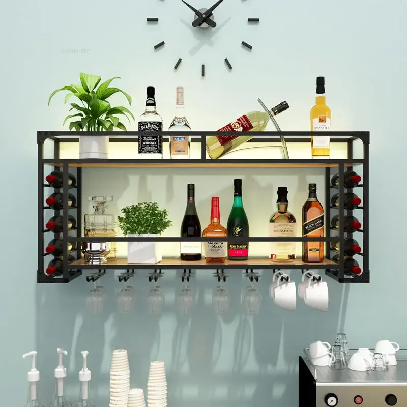 Simple Iron Wine Cabinets Home Wall-mounted Bar Cabinets Rack Creative Restaurant Decoration Wine Glass with Light Bar Furniture