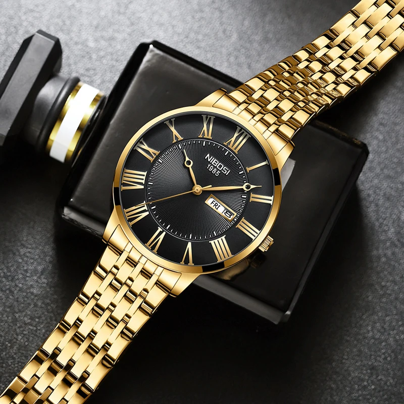 NIBOSI New Fashion Mens Watches Top Brand Luxury Stainless Steel Waterproof Quartz Watch for Men Week Date Relogio Masculino