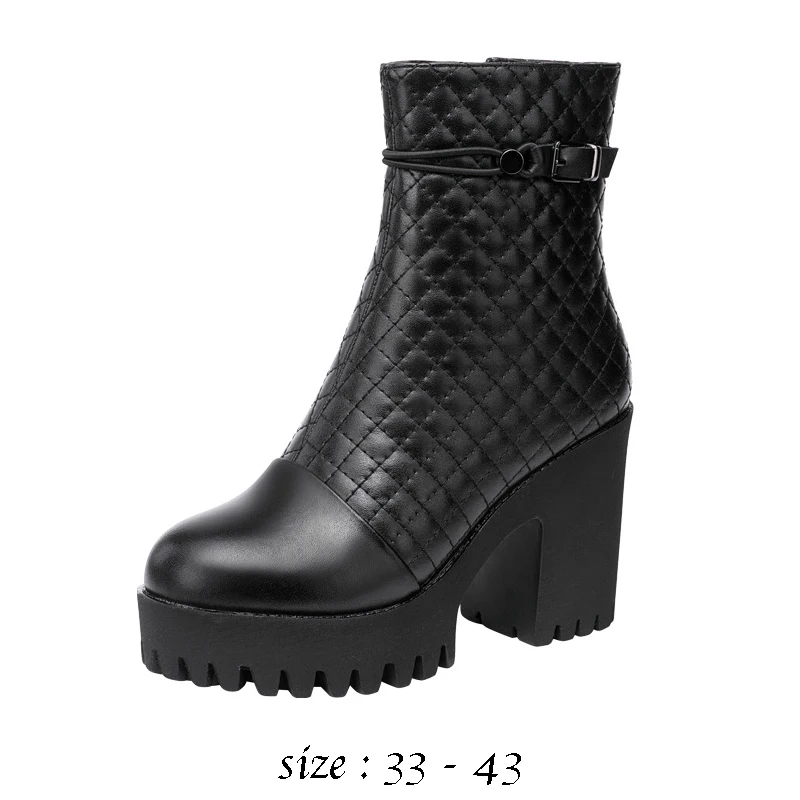 High quality mid calf leather cowhide boots for women 10cm high heel platform 2023 autumn winter 33 42 43 elegant shoe - black