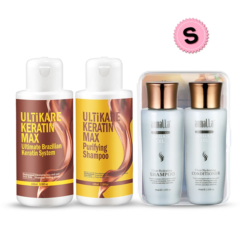 Trattamento Alla Cheratina Brasiliana + Shampoo Purificante Raddrizza E Ripara I Danni Prodotti Per Capelli Con Set Da Viaggio Gratuito