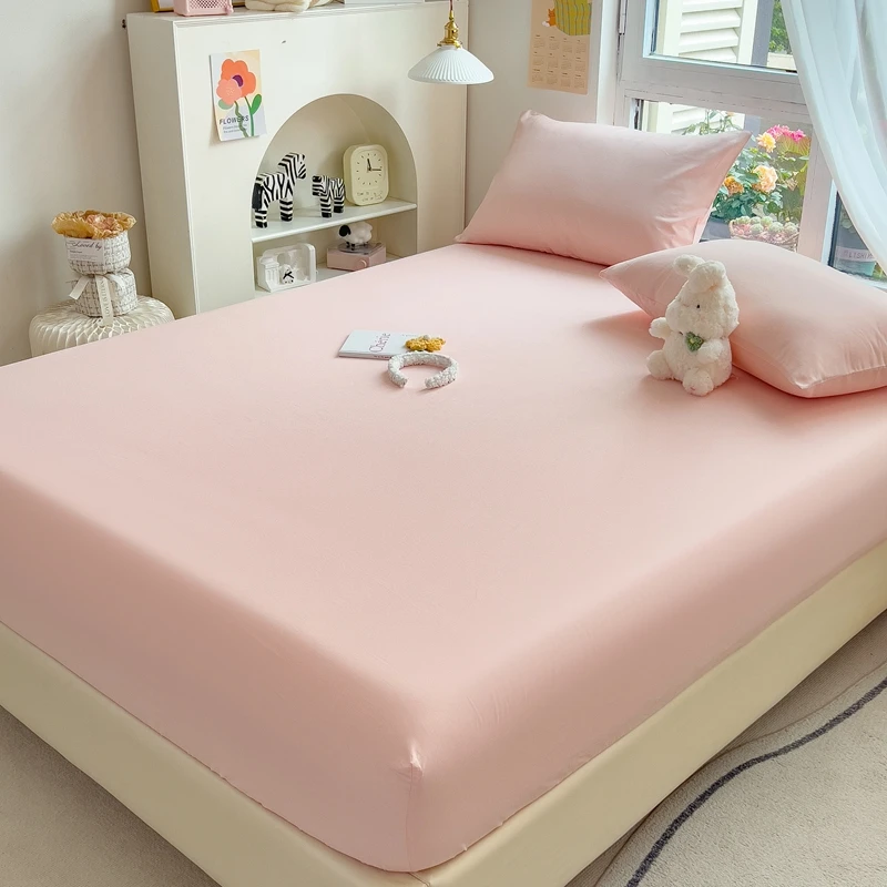 100% Cotton Pink Fitted Sheet Dust Protector Cover Universal Mattress Cover Bed Sheets Queen with Elastic Bed Linens Bedding Set 3