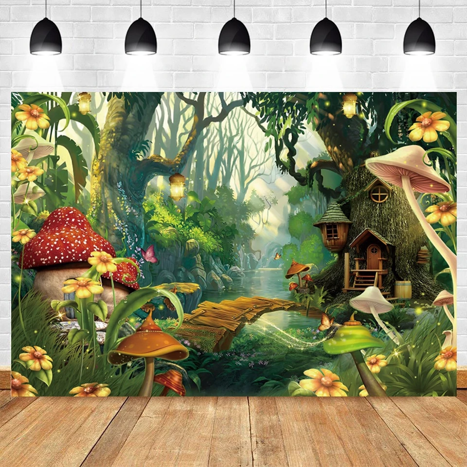 Sfondo Fotografico Foresta Incantata Con Funghi – 210x150 Cm, In Cotone Lavabile, Per Feste E Cabine Fotografiche