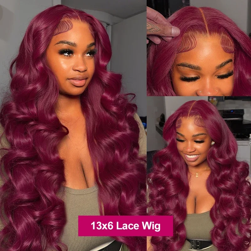 99j burgundy 13x6 Lace Front Wig Human Hair 200 Density Body Wave 30 36 Inch Red Colored Loose Wave 13x4 Lace Frontal Wigs