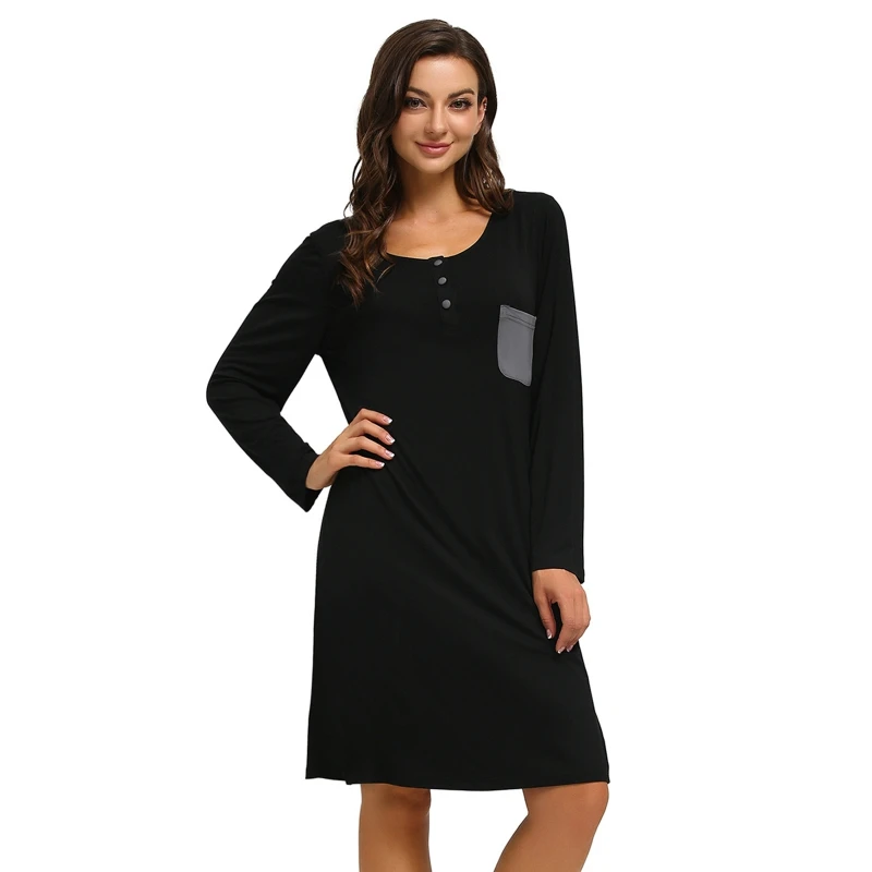 

Женская домашняя пижама, однотонный пуловер на пуговицах, ночная рубашка, длинное Dleeping платье с круглым вырезом, Лоскутная ночная рубашка, Повседневная