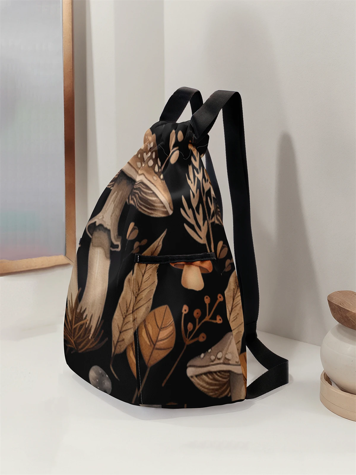 Mushroom Pattern Drawstring Backpack - Large Capacity Durable Fitness Bag, Adjustable Shoulder Strap, Sports Beach Backpack