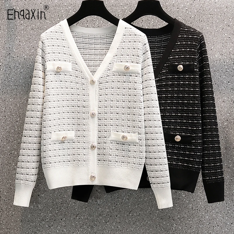 

EHQAXIN 2022 Autumn Winter Women's Knitwear Blouses Elegant V-Neck Loose Knitted Sweater Buttons Cardigan Tops For Ladies M-5XL