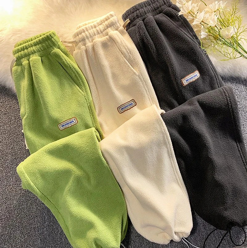 2024 Loose Lamb Wool Velvet leggings Autumn Winter Women Casual Sports Pants Thick Fleece Warm Sweatpants Baggy Joggers Trousers simple fashion sports casual suit women s autumn winter artificial lamb wool and velvet thickened hooded short coat sports pants