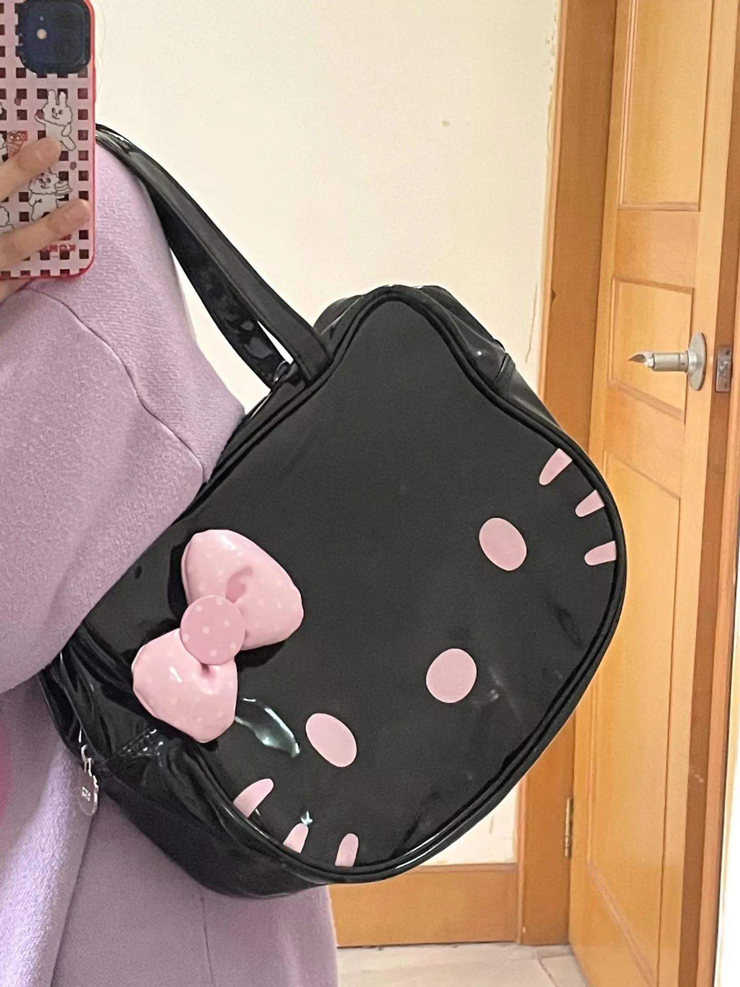 Womens Shoulder Bag Black Leather Cute Bow Harajuku Fashion Kitty Cartoon Kawaii Tote Bag New Style Casual Girls Handbag