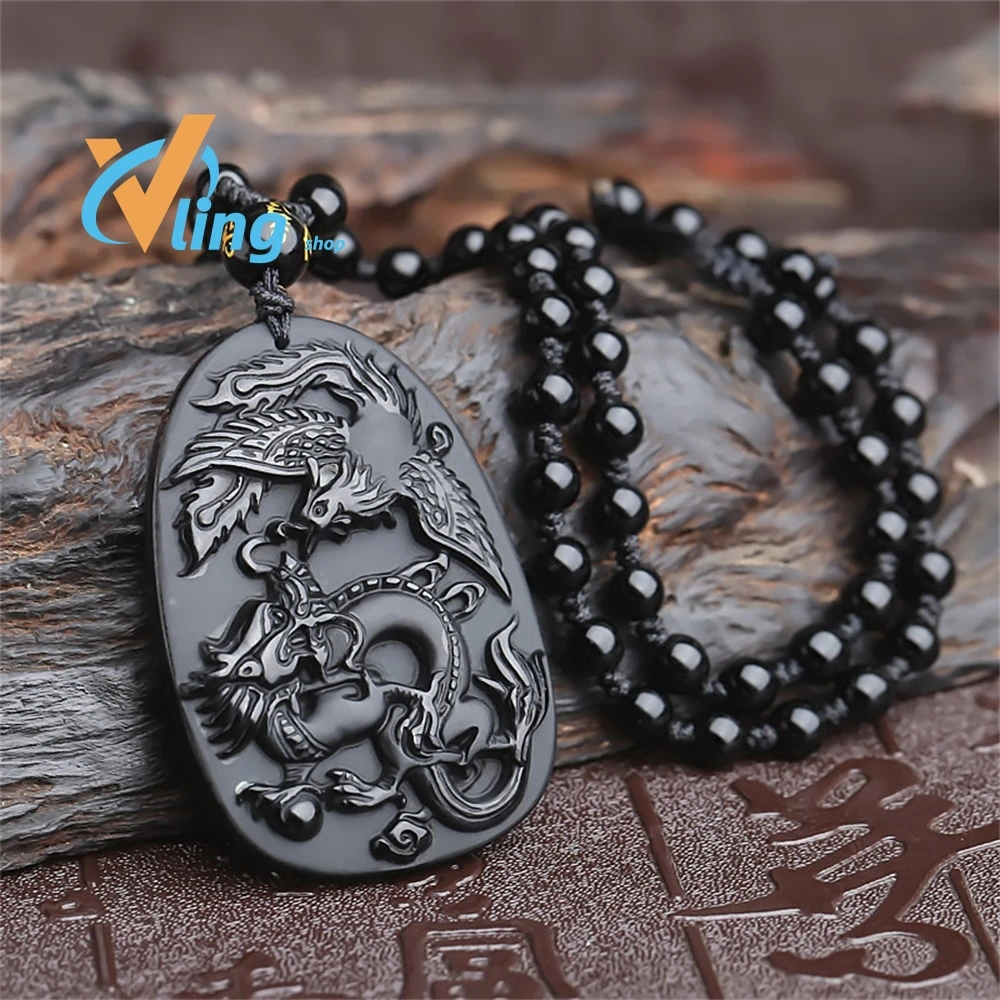 Natural Obsidian Dragon And Phoenix Pendant StatementNecklaceBohemianMan Nick Little Girl Korean Fashion Lucky Charmsspiritual