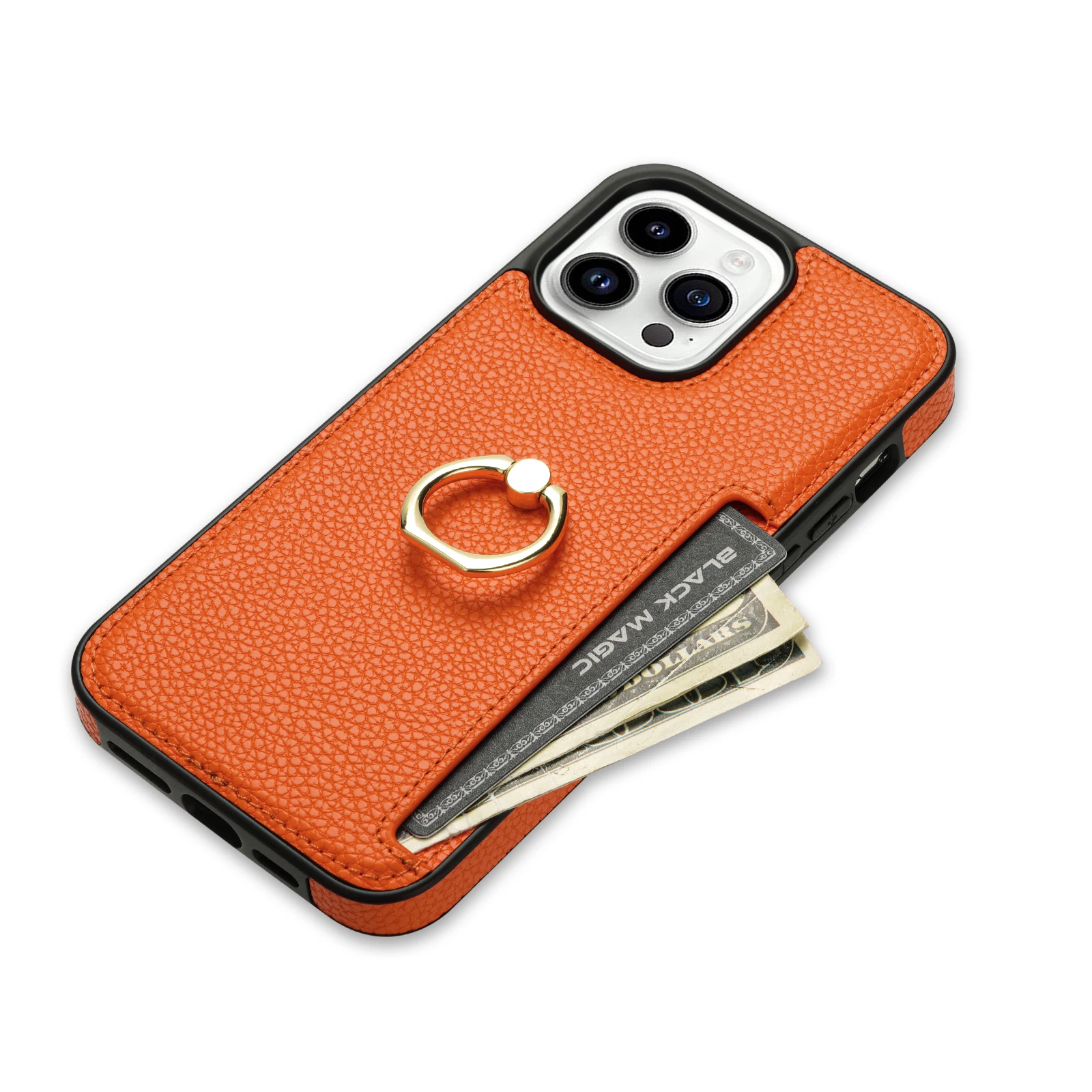 Luxurious Leather Wallet Phone Case with Ring Holder and Card Slot - Litchi Stand Cover