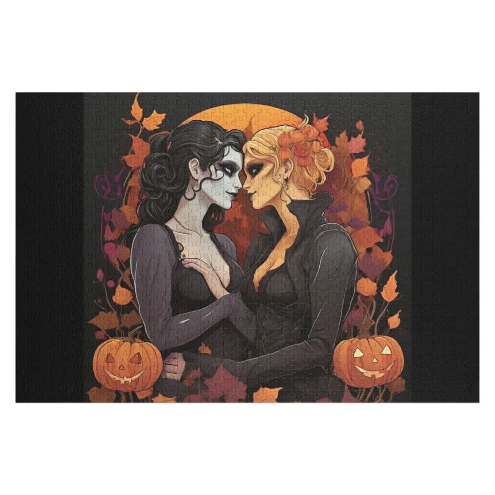 

Sapphic Halloween Romance Among Autumn Leaves Jigsaw Puzzle Custom Photo Baby Toy Wooden Name Custom Personalized Puzzle