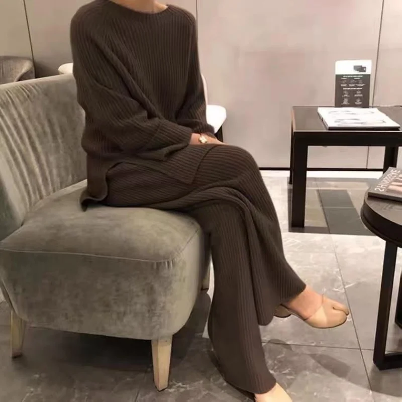 2023 Autumn Winter Knitted Sweater Two-Piece Set Women Turtleneck Top Warm Thick Pants Suits Female Casual Pullover Tracksuits