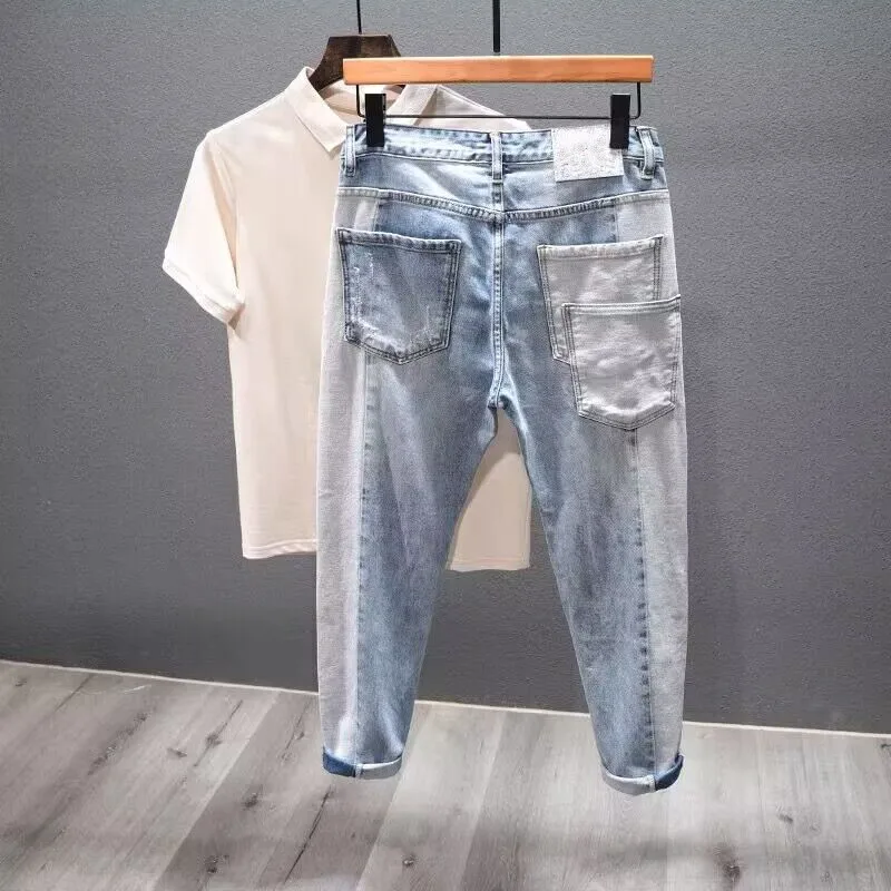 Men Ripped Jean Distressed Jeans Denim Washed Ankle Length Pencil Pants Spliced Patchwork Jeans Skinny Holes High Street