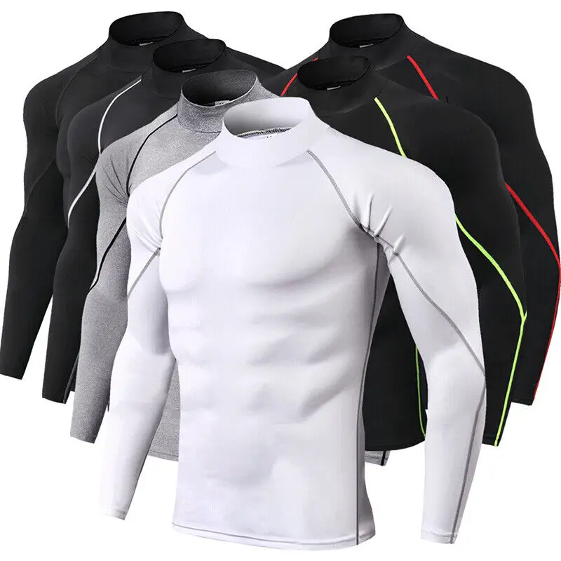 

Men Turtleneck Compression Tights Under Base Layer Tops Gym Tights Athletic Long Sleeve Shirt Quick Dry T-shirts