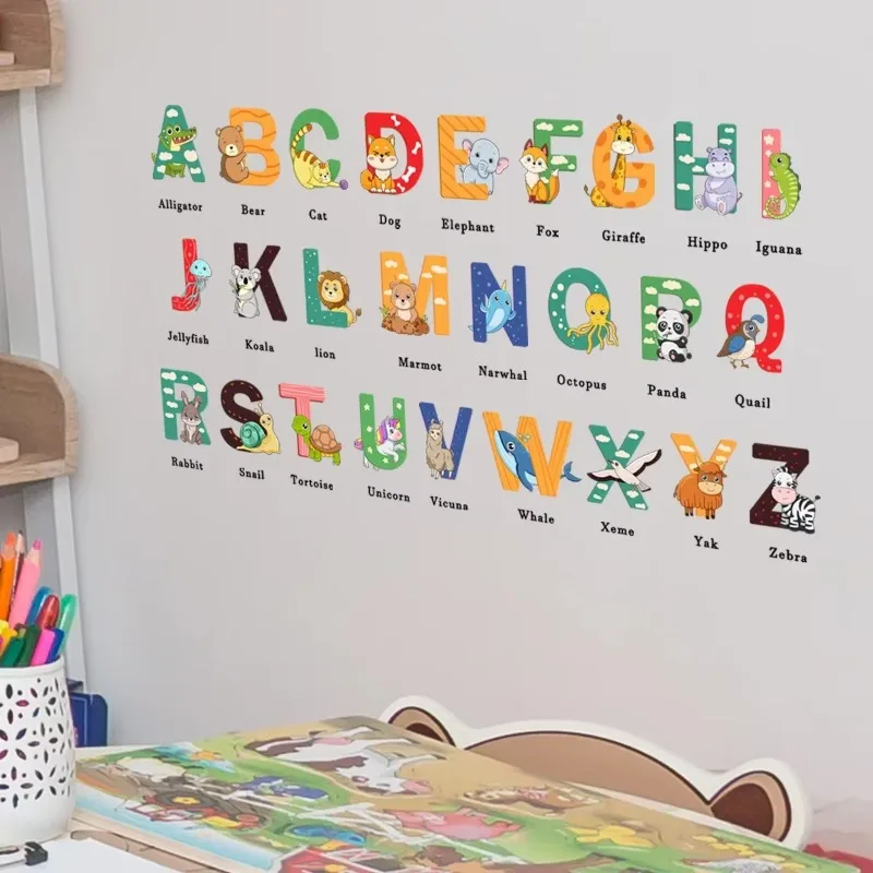 1pc 30*60cm Preschool Education Wall Sticker Cartoon Animal Letters  Kindergarten Decorative Mural Wall Sticker Wall Decoration