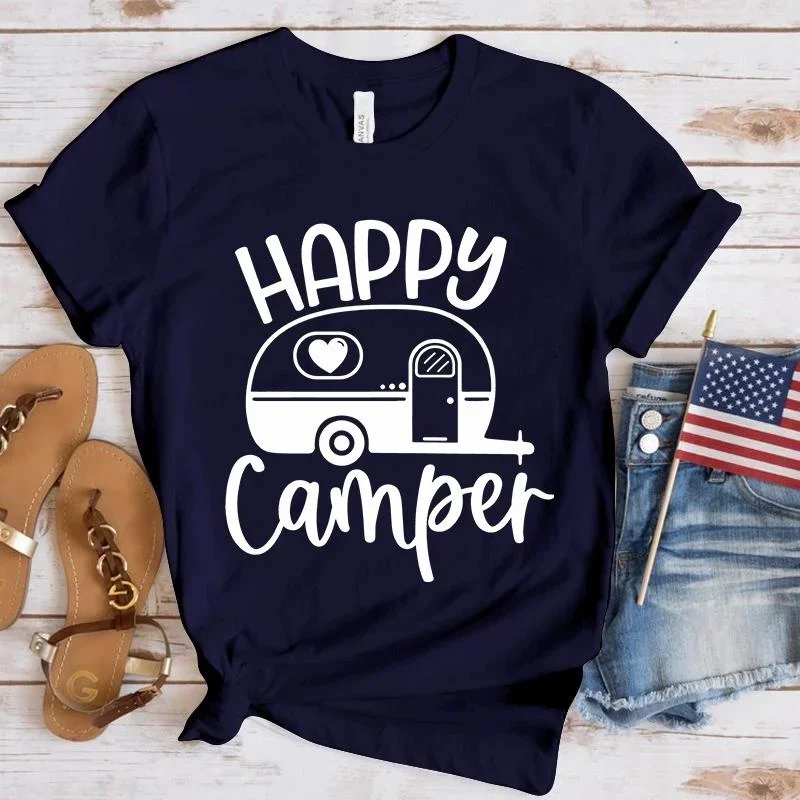 

New Happy Camper Printed T Shirts Women Solid Color Shirts Crew Neck Tees Tops Outdoor Camping Cool Soft Shirt 2024 Summer y2k