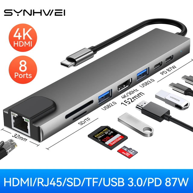 Hub USB-C / switch USB 3.0 / splitter 7-1 Lecteur Carte SD-TF, RJ45 HDMI PD  port