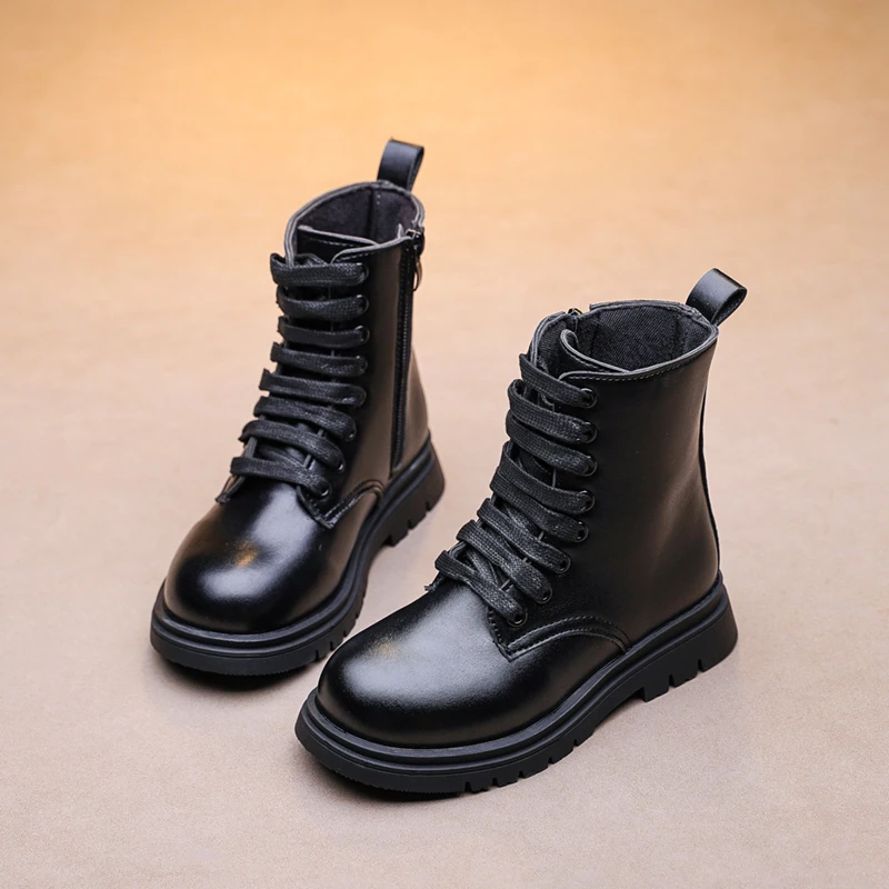 2023 Spring Autumn New Black Versatile Girls Leather Boots Warm Soft Side Zipper Fashion Kids Boots PU Drop Shipping Simple PU