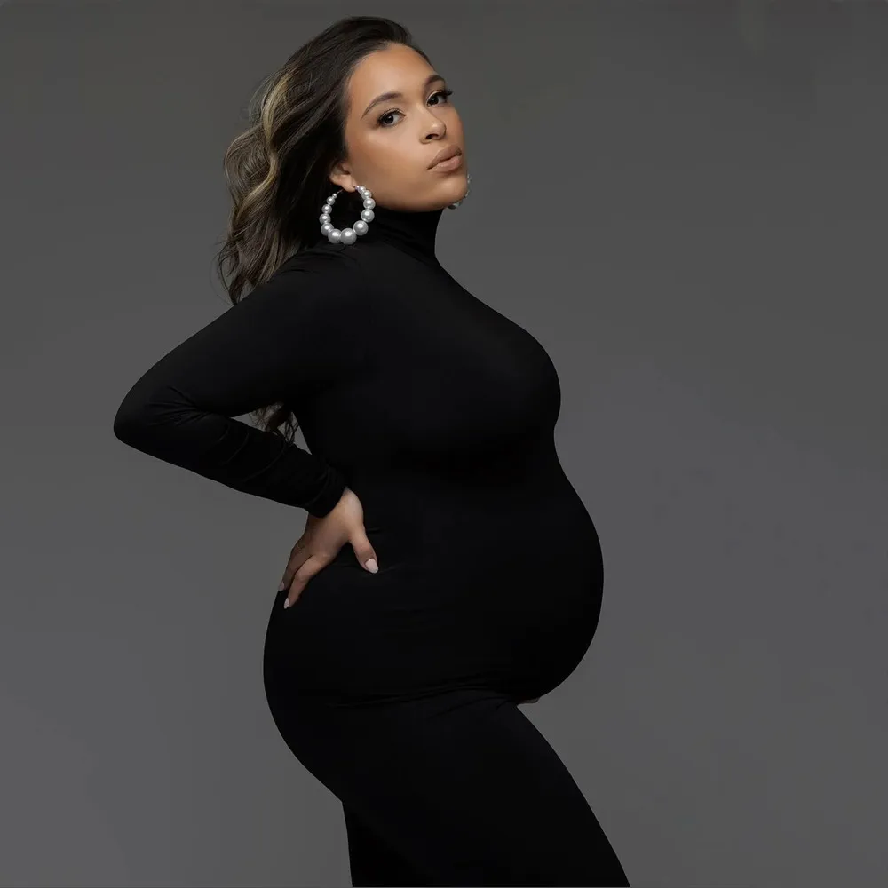 High Neck Full Sleeve Maternity Skinny Dress For Photography Pregnant Woman Stretchy Long Dress