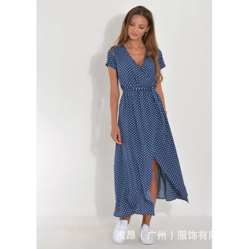 

Summer new V-neck printed lace up dress
