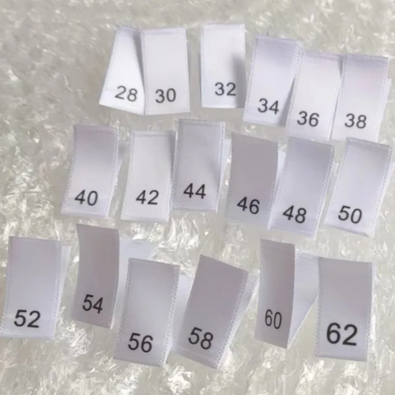 Size Label 100pcs print satin cloth number size labels 28 30 32 34 36 38 40 42 44 46 48 50 52 54 56 58 60 62 Garment Tag