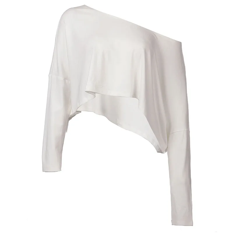BIIKPIIK Casual Off Shoulder Solid Knitted Tops Concise Skew Collar Long Sleeve Autumn Tees For Women Sporty Irregular T-shirts 5
